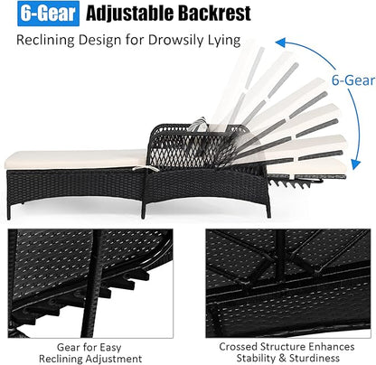 Tangkula Wicker Chaise Lounge Outdoor, Patio Rattan Reclining Chaise with 6-Gear Adjustable Backrest, Thick Padded Cushion & Removable Lumbar Pillow, Pool Lounge Chairs for Outside Balcony Backyard