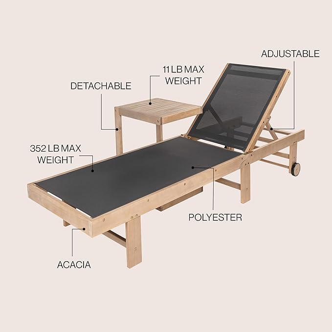 JONATHAN Y LNG1101B-2SET Trabuco Coastal Modern Acacia Wood Mesh 3-Position Outdoor Foldable Chaise Lounge Set with Side Table for Pool, Deck, Poolside, Dark Gray/Light Teak
