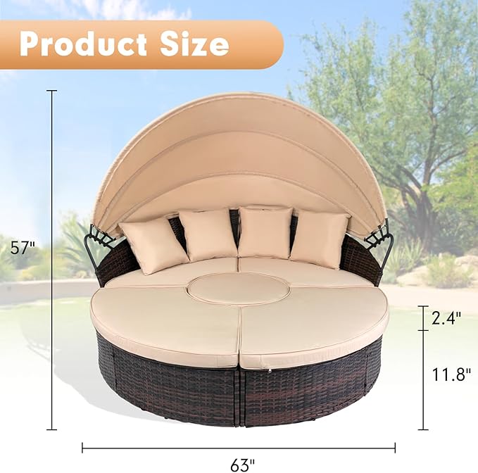 Outdoor Patio Daybed with Retractable Canopy, Wicker Rattan Sectional Round Sofa Furniture Set - Photo 7