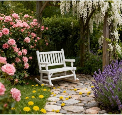 Heavy Duty Wooden Loveseat Rocker with Curved Seat Design for Patio Backyard Garden Use