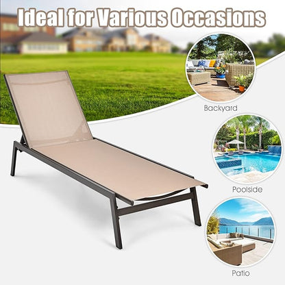 Giantex Chaise Lounge Chair Patio Chaise Lounger with 6-Position Adjustable Backrest and Breathable Fabric, Outdoor Recliner for Patio, Poolside, Backyard and Garden (1, Beige)