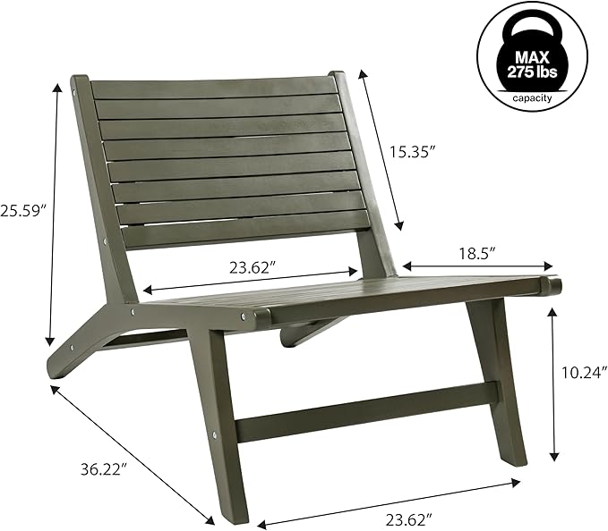 Eyely TAP2000D Virellan Mid-Century Modern Wood Armless Outdoor Lounge Chair, Contemporary, Bohemian, Coastal, Transitional, Rustic, Olive Green