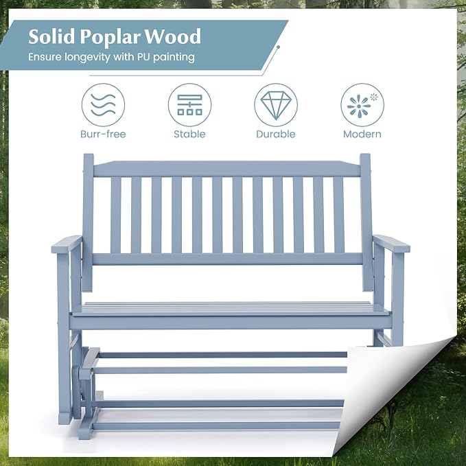 Tangkula 2 Person Outdoor Glider Bench, Poplar Wood Patio Swing Glider Loveseat with Armrests, Slatted Seat & Backrest, Porch Rocking Glider Bench for Backyard, Garden, Deck (Grey)