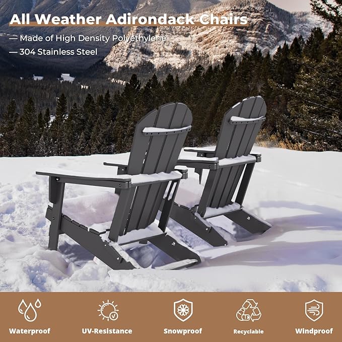 BRIOPAWS Folding-Adirondack-Chair | HDPE Plastic | Fire Pit Chairs | Cup Holder | Curved Back | All Weather | for Outdoor Backyard Deck Patio | Grey