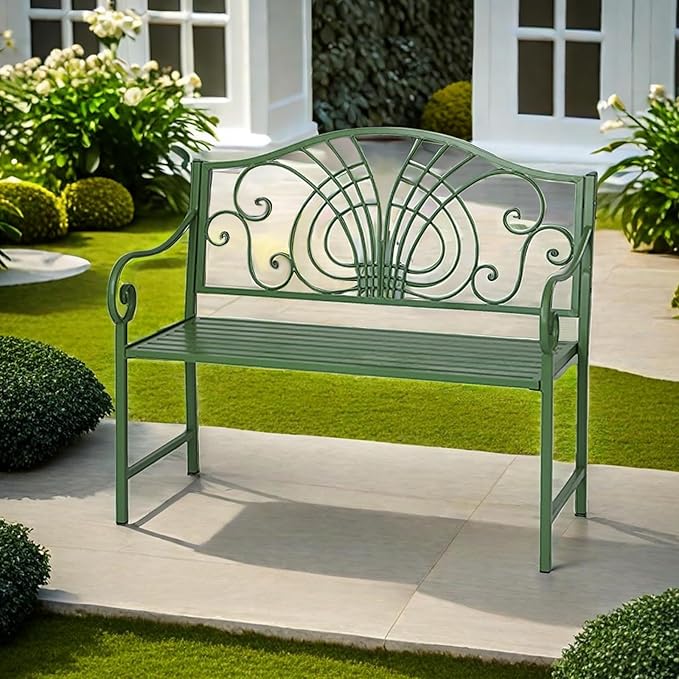 43" Outdoor Metal Garden Bench，Patio Bench，Porch Bench Chair,Outdoor Bench 2-Person,Iron Steel Frame Patio Bench,with Backrest and Armrests,Porch Bench for Poolside, Balcony,Green