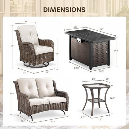 Patio Loveseat Glider Set, Resin Wicker Loveseat Glider with 4 Swivel Patio Chiars Rectangular Firepit Table, 7 Piece Patio Conversation Loveseat Set, Brown Wicker|Beige Cushions