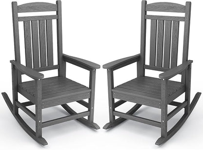 KINGYES HDPE Patio Rocking Chair Set of 2, Outdoor Rocking Chairs Porch Rocker for Adults, Grey