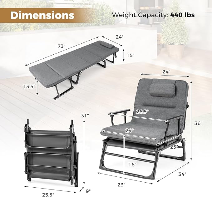 Tangkula Lounge Chair Outdoor with Cushion, 3 in 1 Convertible Outdoor Indoor Heavy Duty Folding Chaise Lounge Chair with 6-Position Adjustable Backrest & Flip-up Pillow (2,Gray)