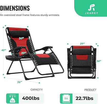 JEAREY Oversized Padded Zero Gravity Chairs Set of 2, Folding Lounge Chair Outdoor Patio Recliner, Anti Gravity Chair for Backyard with Headrest, Cup Holder, Side Tray, Polyester Mesh - Black/Red