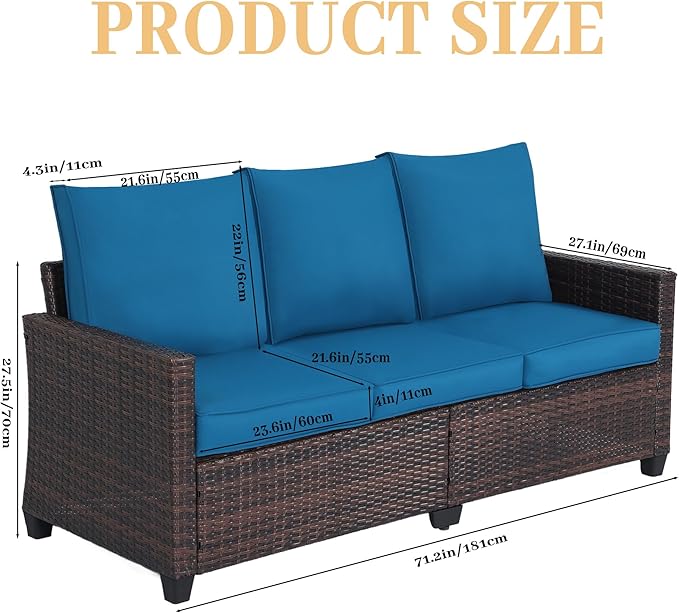 Rattan Outdoor Sofa 3-Seater - PE Woven Patio Couch with Waterproof Blue Cushions, Heavy-Duty Steel Frame for Garden - Photo 3