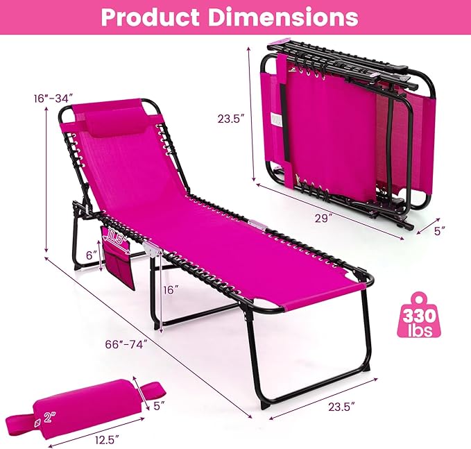Goplus Folding Beach Lounge Chair w/Pillow for Patio Backyard Park Indoor and Outdoor - Photo 3