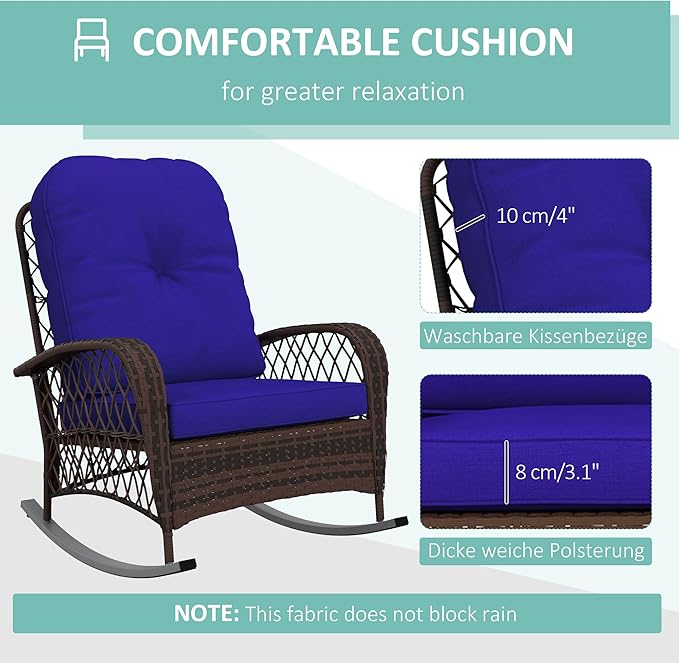 Outsunny Outdoor Wicker Rocking Chair with Wide Seat, Thickened Cushion, Rattan Rocker with Steel Frame for Patio, Garden, Backyard, Dark Blue