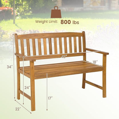 HAPPYGRILL Patio Wood Bench with Ergonomic Backrest & Armrest, 2-Person Outdoor Bench, All-Weather Acacia Wood Frame, Loveseat Outside Bench for Garden Balcony Poolside Porch Deck