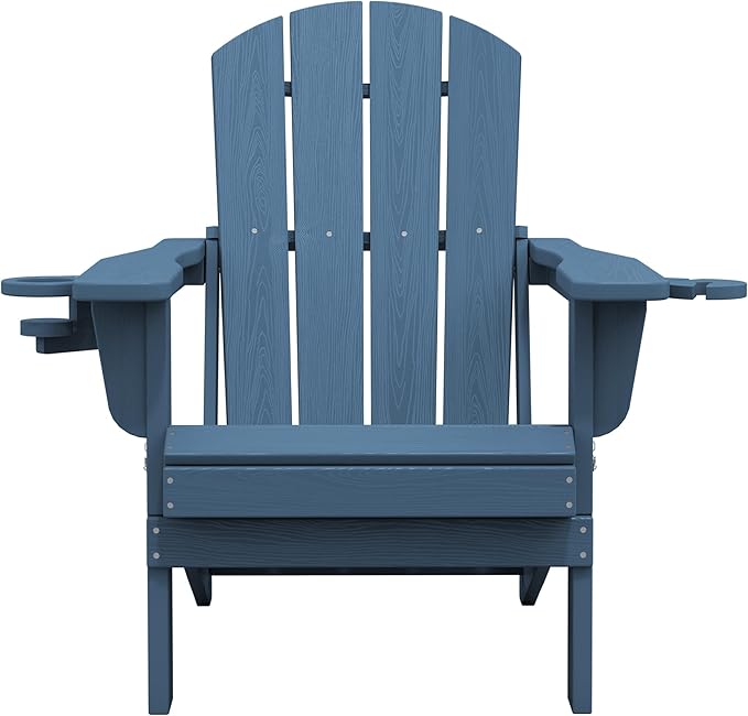 SERWALL Folding Adirondack Chair, Dual Cup Holders & All-Weather HDPE, Wood-Like Patio Chair-Navy
