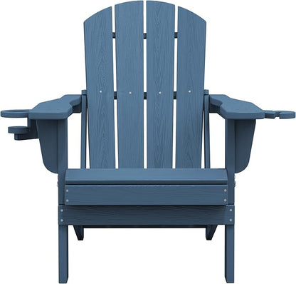 SERWALL Folding Adirondack Chair, Dual Cup Holders & All-Weather HDPE, Wood-Like Patio Chair-Navy