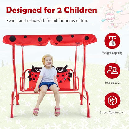 KOTEK Kids Patio Swing, 2-Seater Outdoor Hanging Bench with Adjustable Canopy, Safety Belt & Curved Armrest, Kids Swing Chair with Stand for Backyard, Garden, Lawn, Porch (Red Ladybug)