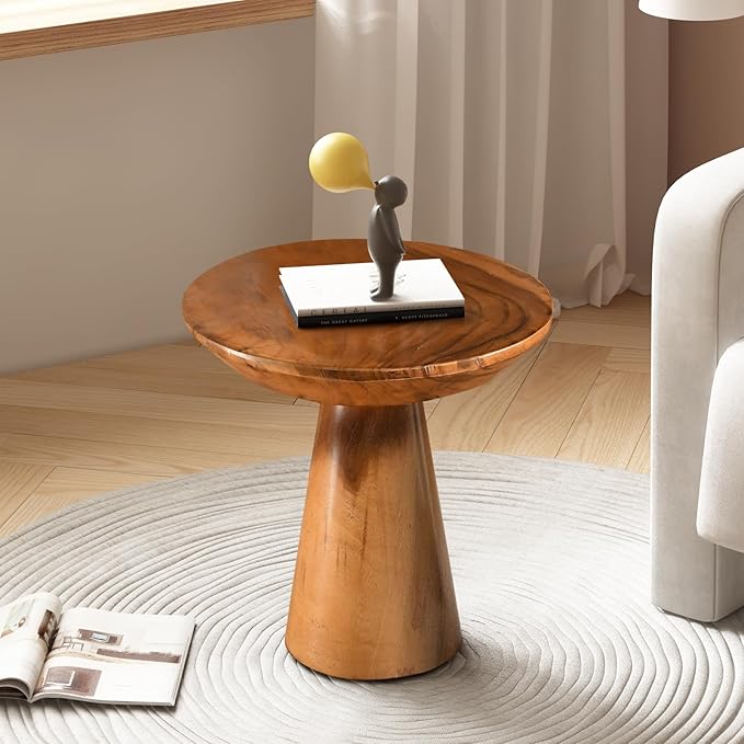 Mushroom Side Table, Teak Stool, Natural Plant Stand, 14" Tall Wood Round Coffee Table for Living Room, Bedroom, Garden, Yard
