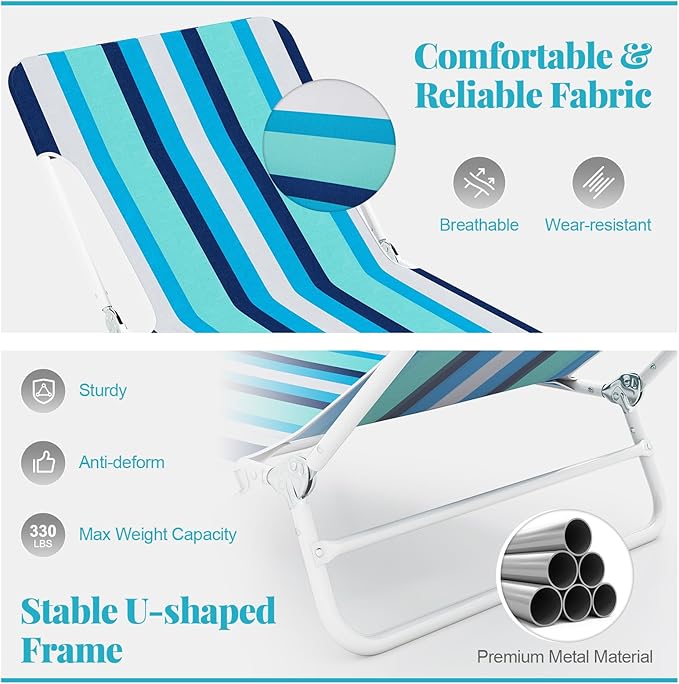 GYMAX Tanning Chair, 2Pcs Folding Beach Chairs with Adjustable Backrest, Footrest, 330lbs Capacity & Shoulder Strap, Portable Layout Sunbathing Loungers for Outside, Patio, Poolside (Blue Stripe)