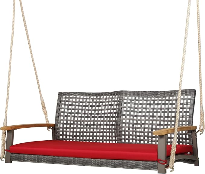 Tangkula 2-Person Outdoor Porch Swing with 118" Hanging Ropes, Patiojoy PE Wicker Patio Hanging Swing Bench with Soft Seat Cushion & 800 Lbs Weight Capacity, Suitable for Patio, Garden (Red)