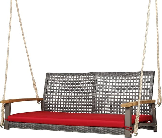 Tangkula 2-Person Outdoor Porch Swing with 118" Hanging Ropes, Patiojoy PE Wicker Patio Hanging Swing Bench with Soft Seat Cushion & 800 Lbs Weight Capacity, Suitable for Patio, Garden (Red)