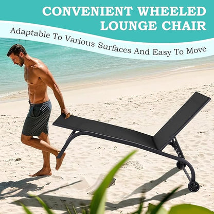 EROMMY Patio Chaise Lounge Chair Set of 2 with Table, Adjustable Backrest & Wheels, Oversized 26" W Outdoor Poolside Recliners for Garden, Deck, Lawn, Backyard