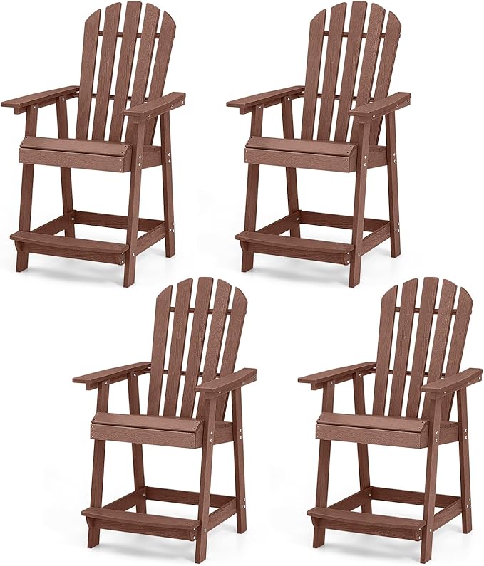 Giantex Tall Adirondack Chair Set of 4, HDPE Outdoor Bar Stools with Armrests, 4.5” Wide Footrest, Patio Adirondack Barstools, All-Weather Balcony Chairs for Poolside, Garden, Backyard (Coffee)