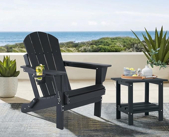 Folding Adirondack Chairs Set of 2- Plastic Adirondack Chairs with Cup Holder, Weather Resistant for Outdoor, Patio, Lawn, Garden, Backyard Deck, Fire Pit - Black