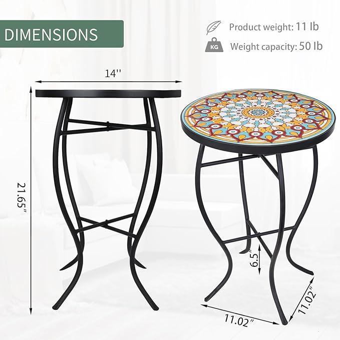 VCUTEKA Mosaic Outdoor Side Table - Small Patio Table Coffee Outside Accent Tables Round End Plant Tables for Bistro Balcony Porch Outdoor Benches 14'' Multi Yellow