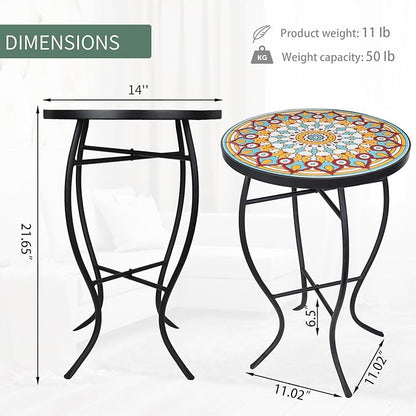 VCUTEKA Mosaic Outdoor Side Table - Small Patio Table Coffee Outside Accent Tables Round End Plant Tables for Bistro Balcony Porch Outdoor Benches 14'' Multi Yellow