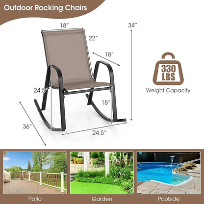 Giantex Outdoor Rocking Chairs Set of 2, Patio Rocking Chairs w/Breathable Seat & Back, Heavy-Duty Metal Support, Ergonomic Outside Rocker for Backyard, Poolside, Garden (1, Brown)