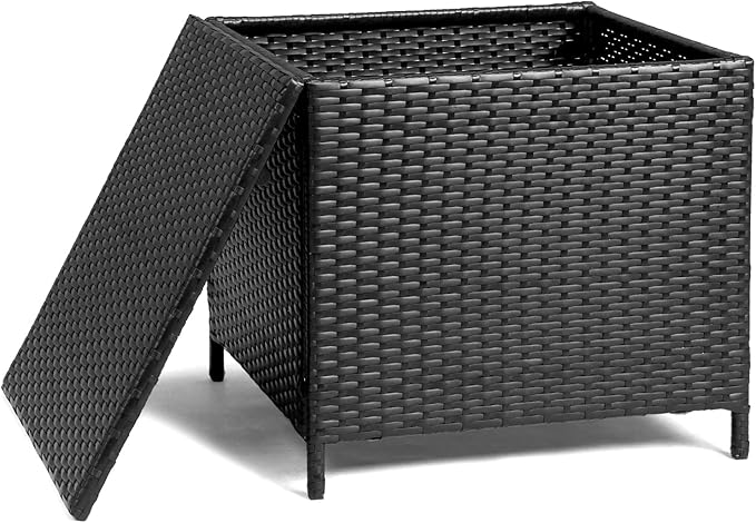 Outdoor PE Wicker Side Table with Storage, Patio Rattan End Table Square Container for Furniture Covers, Gardening Tools