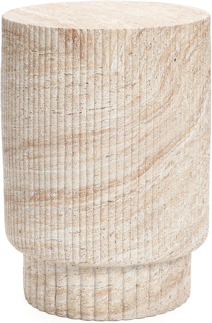 LuxenHome Outdoor Accent Side Table, 18'' Travertine-Style Outdoor Furniture, Round with Ribbed Cement End Table for Patio Backyard Balcony, Modern Coffee Furniture Gift