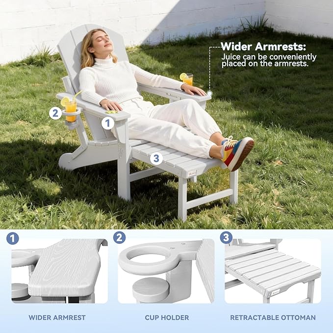 Mdeam 3-Level Adjustable Adirondack Chair with Retractable Ottoman, HDPE All-Weather Folding Fire Pit Chair with 2 Cup Holders, Outdoor Chair for Deck Patio Garden Backyard Lawn (White)