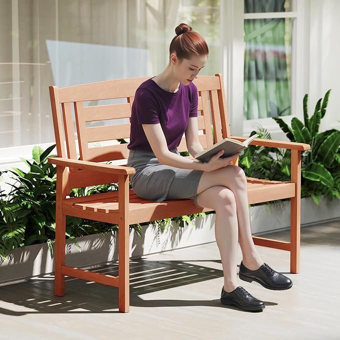 Tangkula Patio Wood Bench, Garden Armrest Loveseat with Inclined Backrest, Wood Grain, Teak Oil Finish, Outdoor 2-Person Bench for Front Porch, Garden, Backyard, Balcony