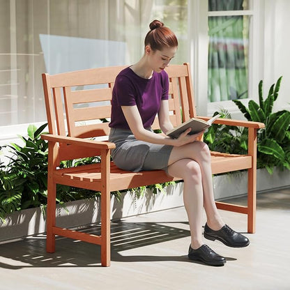 Tangkula Patio Wood Bench, Garden Armrest Loveseat with Inclined Backrest, Wood Grain, Teak Oil Finish, Outdoor 2-Person Bench for Front Porch, Garden, Backyard, Balcony