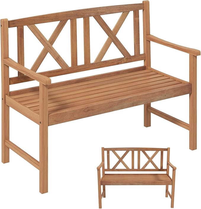 Wooden Outdoor Bench, 47.5” Rustic Acacia Wood Bench, Outside Garden Bench w/High Back & Armrest, 2-Person Loveseat Patio Bench for Front Porch Backyard Park, Teak Finish (Cross)
