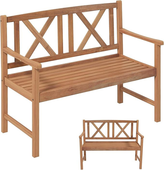 Wooden Outdoor Bench, 47.5” Rustic Acacia Wood Bench, Outside Garden Bench w/High Back & Armrest, 2-Person Loveseat Patio Bench for Front Porch Backyard Park, Teak Finish (Cross)