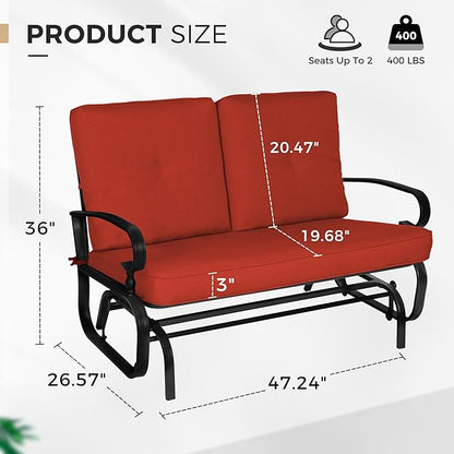 Crownland Outdoor Patio Glider Chair, Rocking Glider Bench for 2 Person, Porch Furniture Loveseat Seating, Wrought Iron Patio Textilene Gliders for Outside, Porch, Garden(Classic Red)