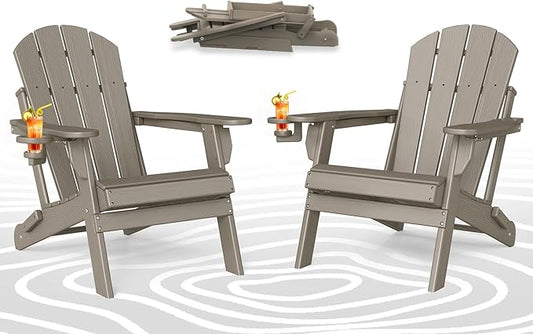 BRIOPAWS Folding-Adirondack-Chairs Set of 2 | HDPE | Wood Grain | Fire Pit Chair | Cup Holder | Weather Resistance | for Outdoor Backyard Deck Patio