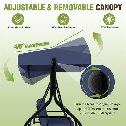 MUPATER 3-Seat Patio Porch Swing Chair, 2-in-1 Outdoor Canopy Swing Glider with Stand and Cushion for Patio, Poolside, Backyard, Blue