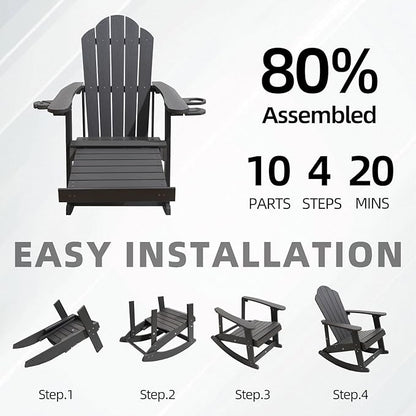 Adirondack Rocking Chair Set of 2, Weather-Resistant and Durable, with Cup Holder and Footstool，Outdoor Rocking Chair Suitable for Porch,Courtyard,Balcony,Corridor,Backyard，Grey