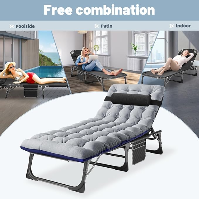 Slsy Folding Lounge Chairs Outdoor, Adjustable Sleeping Cot Chair, Portable Folding Bed Cot Chaise Lounge Chairs for Outside Beach Lawn Camping Pool Sun Tanning