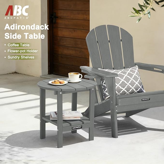 Outdoor Side Table Round - Patio Side Tables - HDPE Small Outdoor End Table for Backyard Pool Porch Balcony - Double Layer Storage - Dark Gray (Wood Grain Finish)