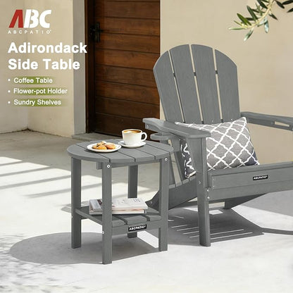 Outdoor Side Table Round - Patio Side Tables - HDPE Small Outdoor End Table for Backyard Pool Porch Balcony - Double Layer Storage - Dark Gray (Wood Grain Finish)