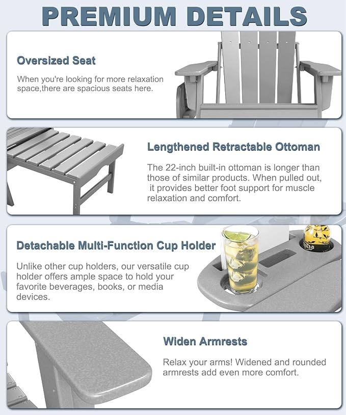 Adjustable Adirondack Chair with Retractable Ottoman Set of 2, HDPE Folding Adirondack Chair with Cup Holder - Photo 6