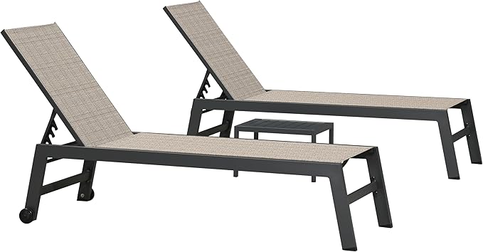PURPLE LEAF Oversized Patio Chaise Lounge Set of 2 with Side Table Extra Wide Reclining Chair with Wheels All-Weather Textilene Mesh Aluminum Frame for Deck Yard Poolside