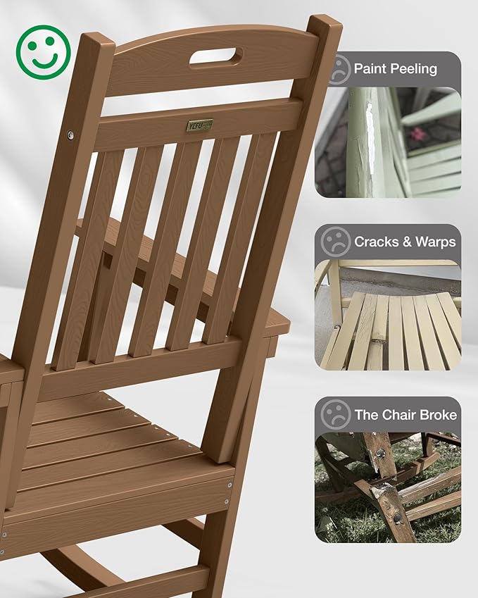 YEFU Porch Rocking Chairs Set of 2: Plastic Rocking Chairs for Outside, Weather Resistant for Patio, Waterproof, Rock smoothly, Teak