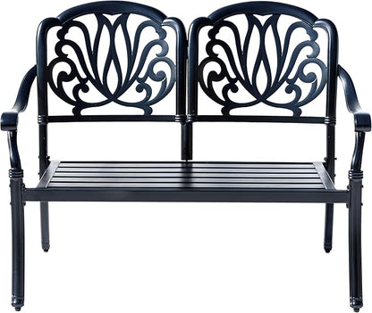 Hi-Line Gift Ltd. Midnight Oasis- Black Cast Aluminium Garden Bench with Easy Assembly