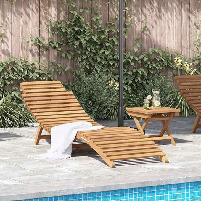 Folding Sun Lounger 2 Pcs Set with Side Table, Solid Teak Wood Outdoor Chaise Lounge Chair - Photo 1