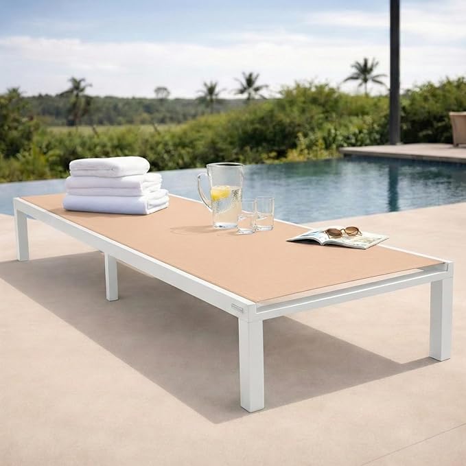 LeisureMod Marlin Aluminum Outdoor Chaise Lounge Chair - Mesh Sling Fabric Seat White Aluminum Frame Beach, Pool Lounge Chair for Modern Patio Lawn, Garden and Backyard (Light Brown)
